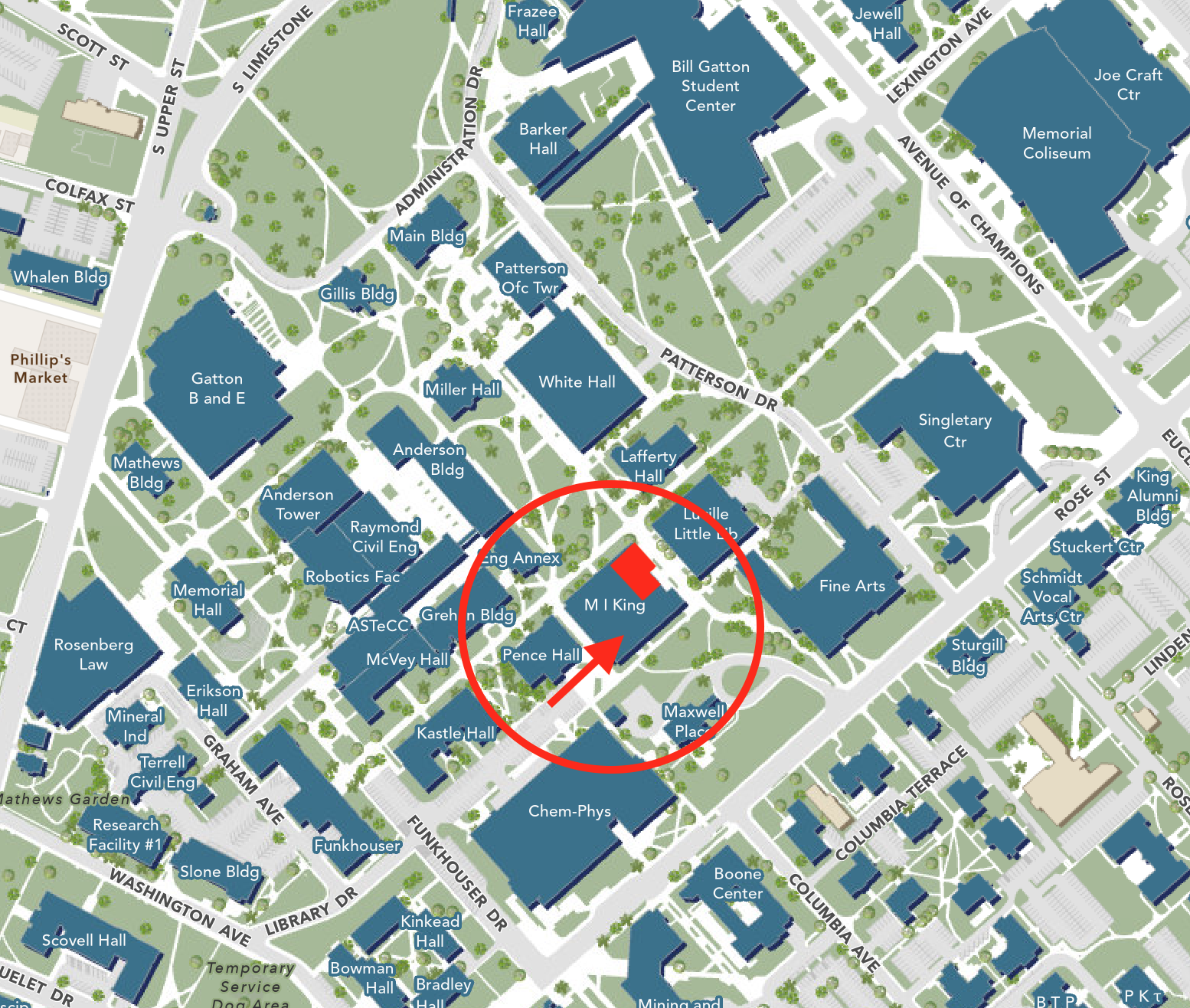 detail of UK campus map with celt location marked in red