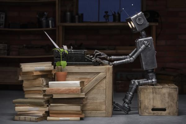 robot sitting and typing at a typewriter with books piled on the floor
