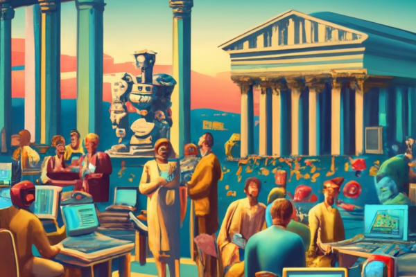 modernist painting render of Ancient Greek symposium scene with pillars and buildings, but modern people and robots around computers, with a statue of a robot wearing an academic mortar hat