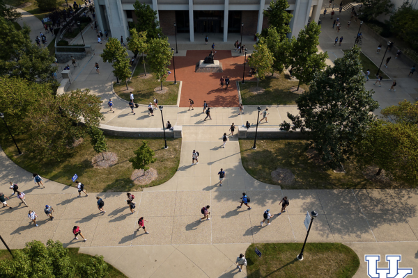 aerial view of students walking across campus