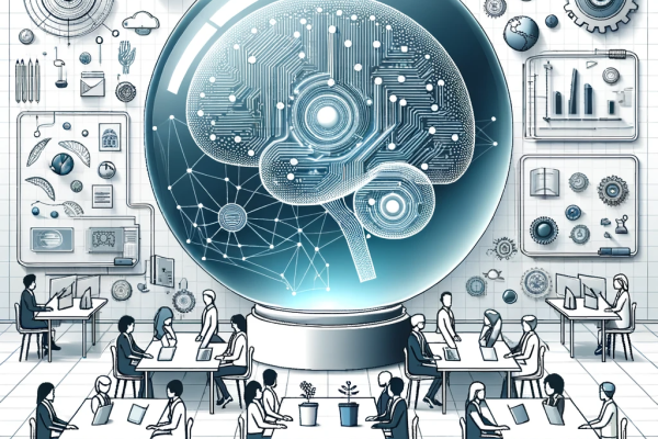 a giant crystal ball with a circuitboard brain in the middle of a room with people sitting at tables engaged in various tasks, the wall is adorned with various education and technology objects and symbols, sketch aesthetic