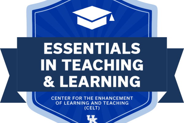 a blue badge of the essentials in teaching and learning program with a blue ribbon and academic hat icon