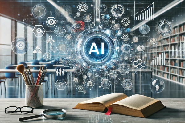 a research room with books and a desk with glasses, a book and other tools with the word AI and icons representing AI and research