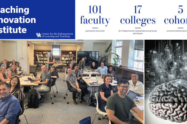 a group of faculty sitting at small tables smiles at the camera