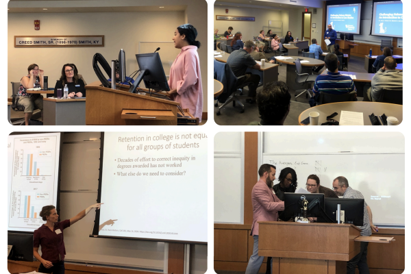 a four-pane image of scenes of presenters at the 2023 teaching excellence symposium