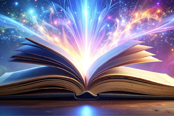 A delightful image of an open book with colorful lights eminating from the pages.