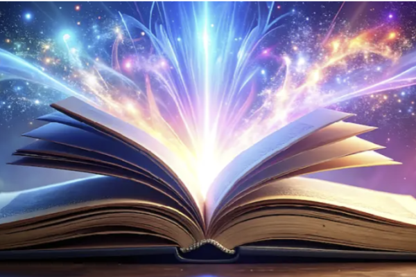 A delightful image of an open book with colorful lights eminating from the pages.