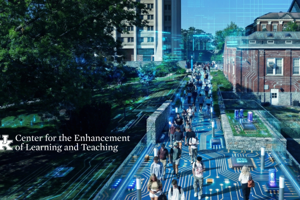 students walking on student center pedway with view of campus buildings behind them, with the ground and walls stylized to look like computer circuits