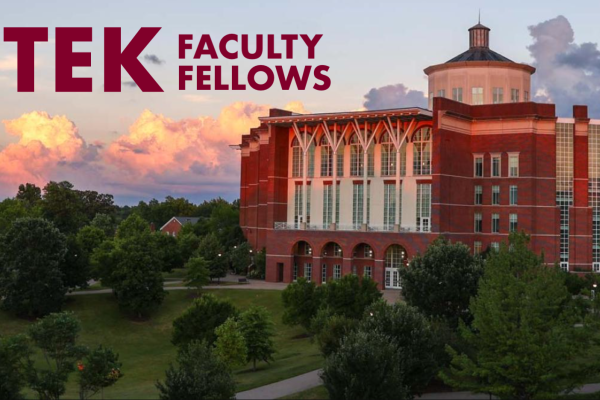 w.t. young library in sunset on u.k. campus with "tek faculty fellows" in lettering