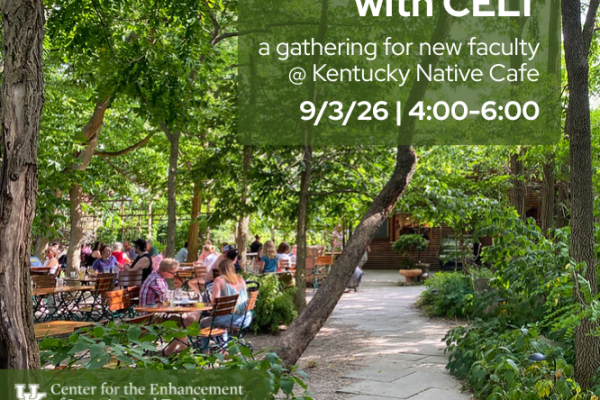 lush trees line a paved walkway where people sit at cafe tables with text "gather and grow with celt"