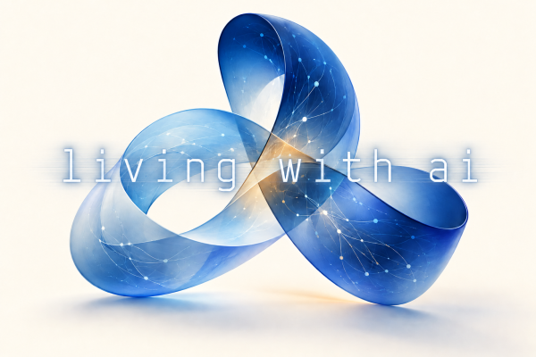 a light blue ribbon turns in on itself in three directions like a mobius strip, with circuit themed imagery on its surface and the words "living with ai" superimposed