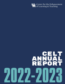 cover of annual report with blue background, celt lockdown, and text "celt annual report 2022-2023"