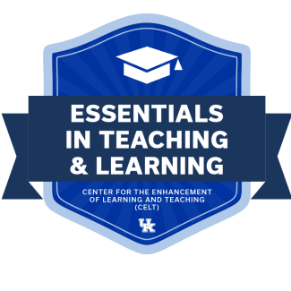 a blue badge for essentials in teaching and learning with a ribbon and academic mortar hat