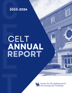 cover sheet for celt annual report 2023-2024 with blue design and detail of king library