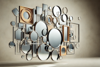 a cluster of mirrors both rectangular and circular emerging from a beige wall