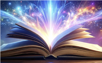 A delightful image of an open book with colorful lights eminating from the pages.
