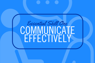blue background with figures and talking bubbles behind "communicate effectively" text