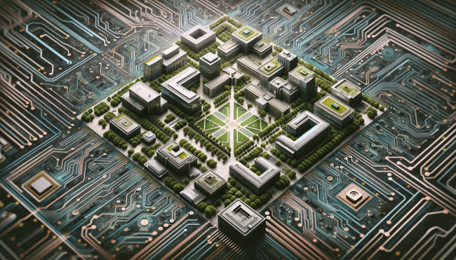 an overhead view of a university campus in the middle of a circuit board