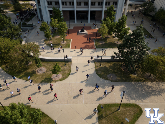 aerial view of students walking across campus